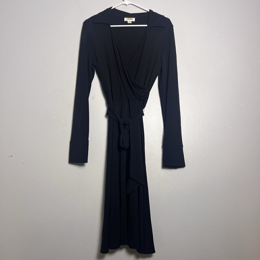 Talbots V Neck Faux Wrap Midi Dress Belted Petite Sz 10 Black Party Travel Offic